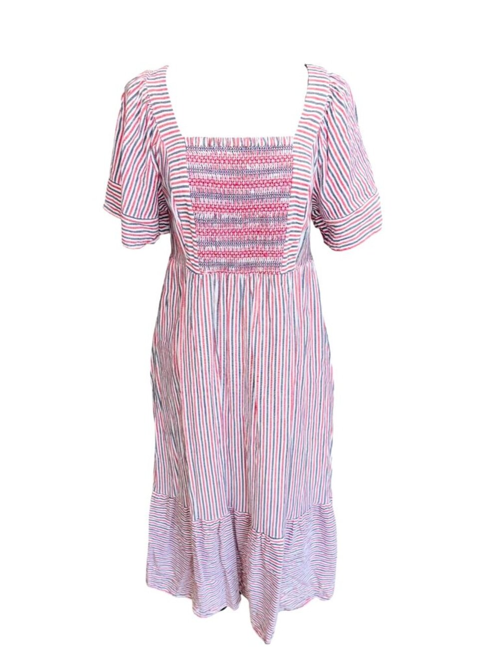Farmgirl Cottage Core Old Navy Women M Red White Blue Striped Smock Midi Dress